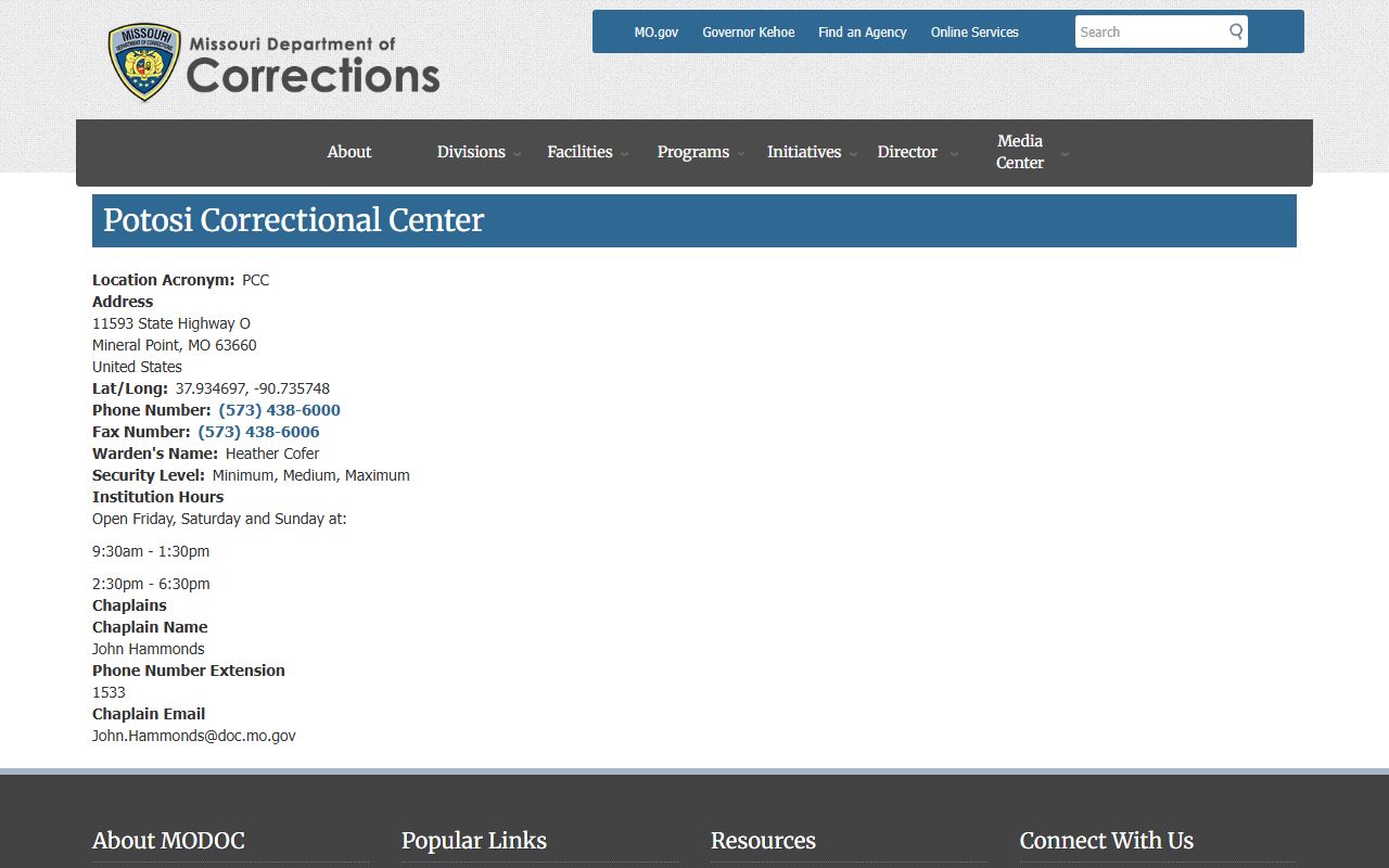 Potosi Correctional Center inmate lookup and facility information on the DOC page
