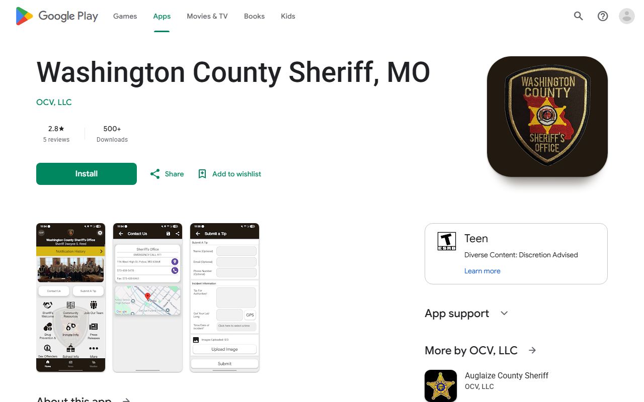 Washington County Jail inmate search access through the sheriff app listing
